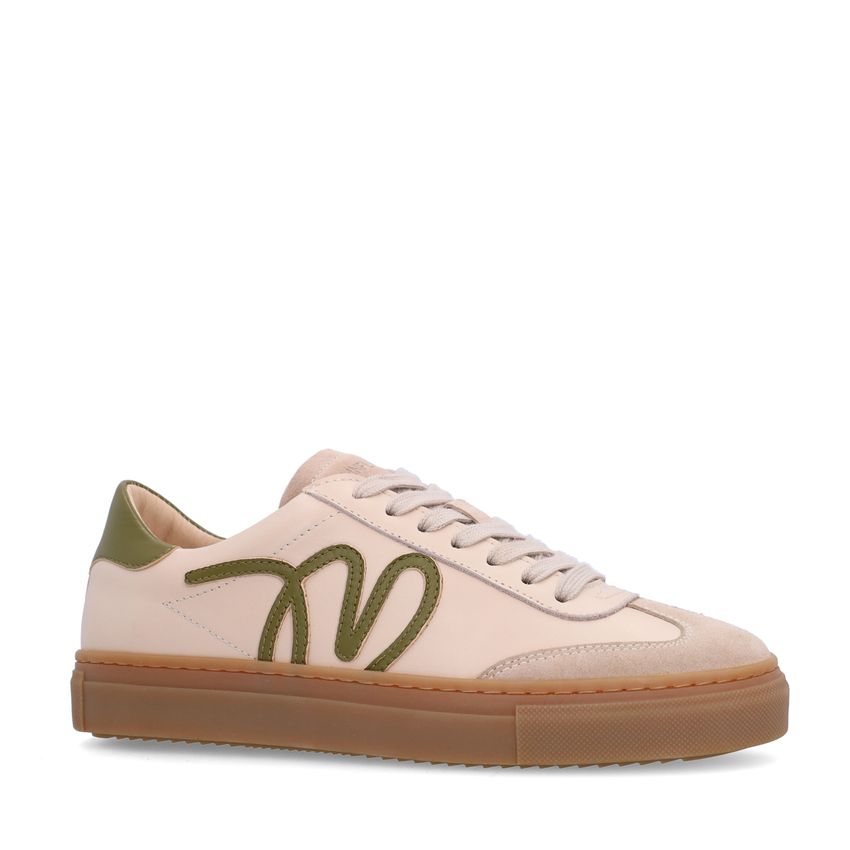 Beigefarbene Ledersneaker mit grünen Details
