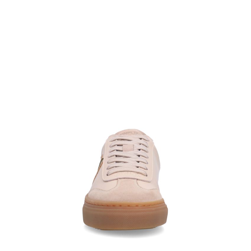 Beigefarbene Ledersneaker mit grünen Details