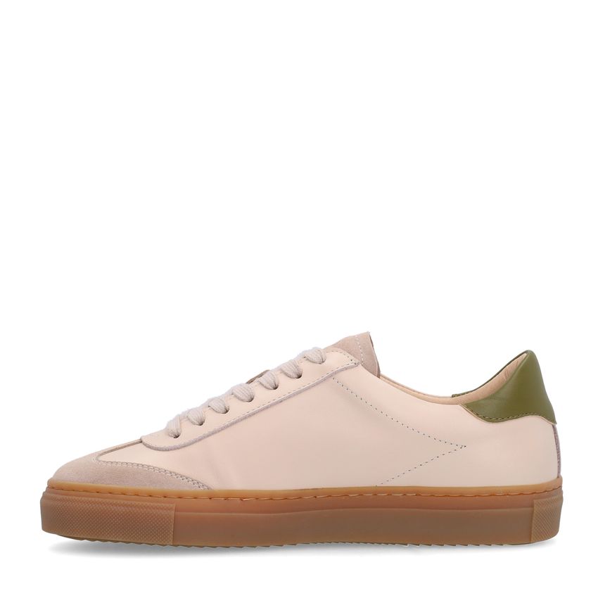 Beigefarbene Ledersneaker mit grünen Details