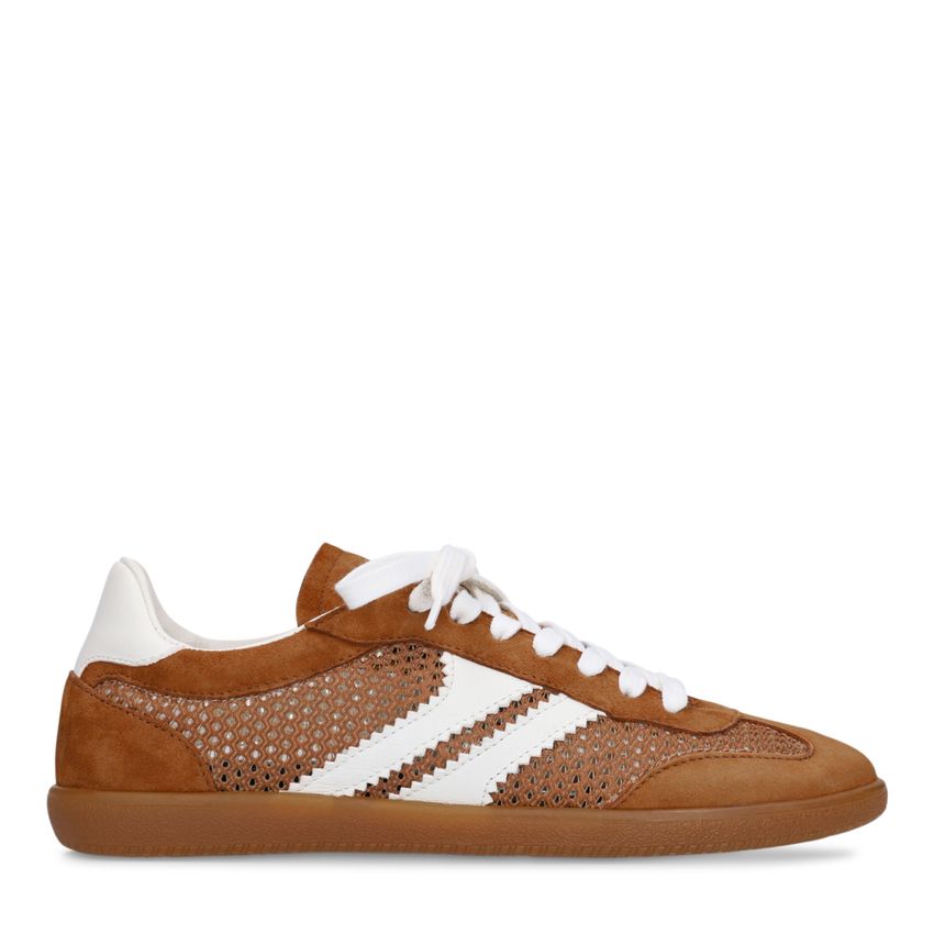 Cognacfarbene Veloursleder-Sneaker mit Mesh-Details