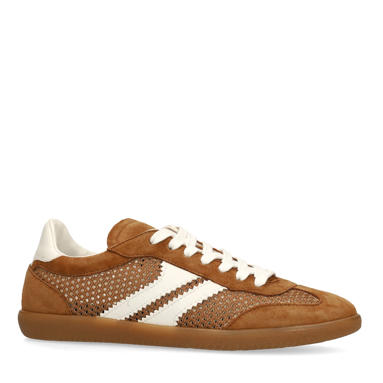 Cognac suède sneakers met mesh details