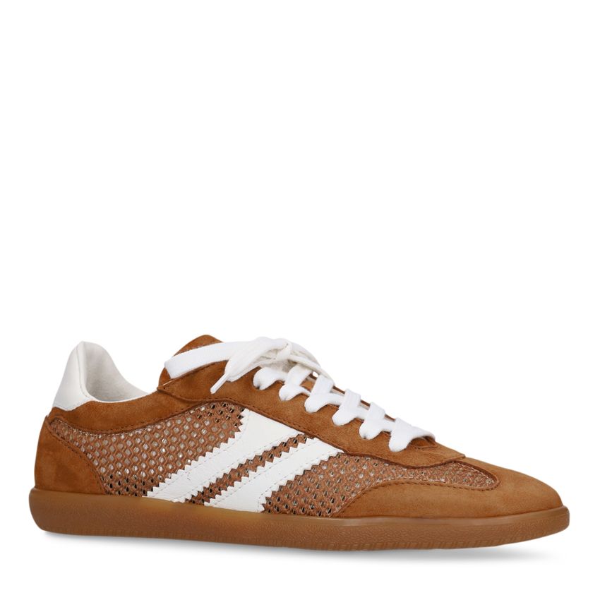 Cognac suède sneakers met mesh details