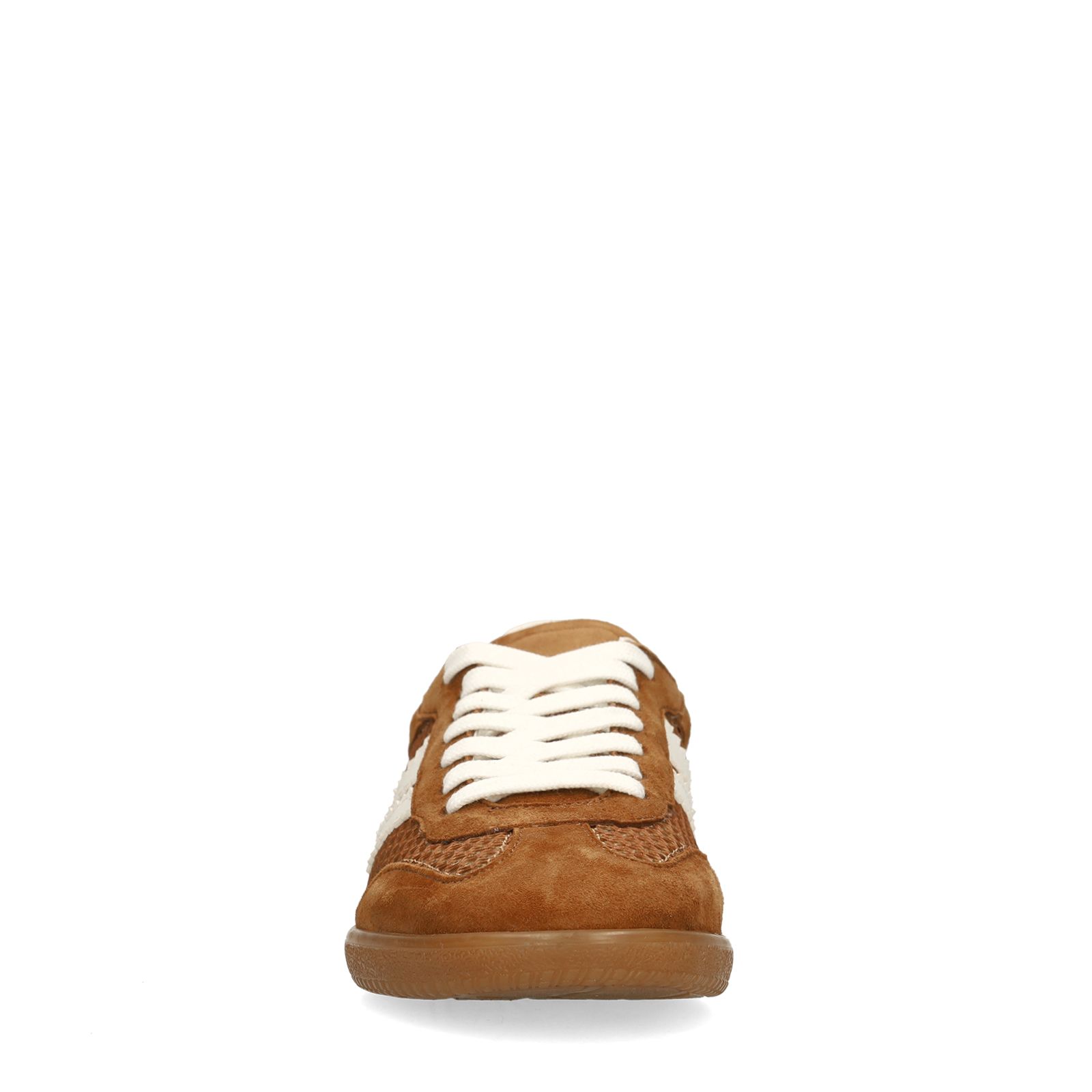 Cognac suède sneakers met mesh details