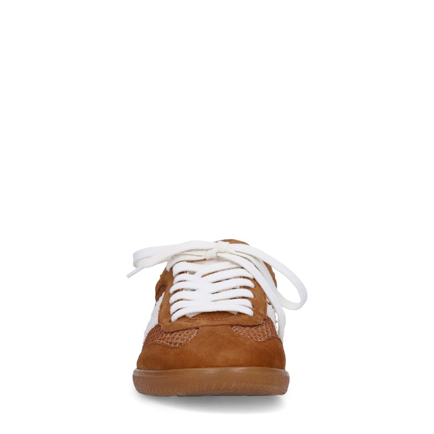 Cognac suède sneakers met mesh details