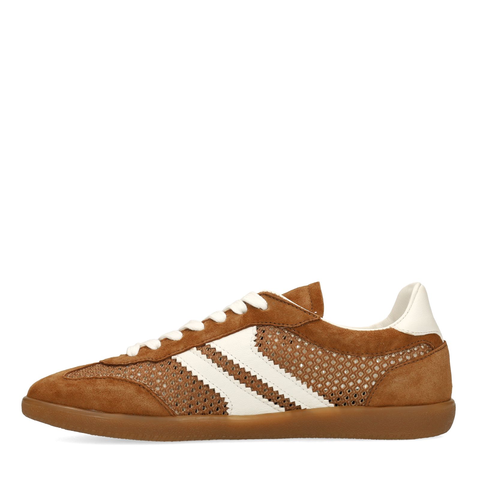 Cognac suède sneakers met mesh details