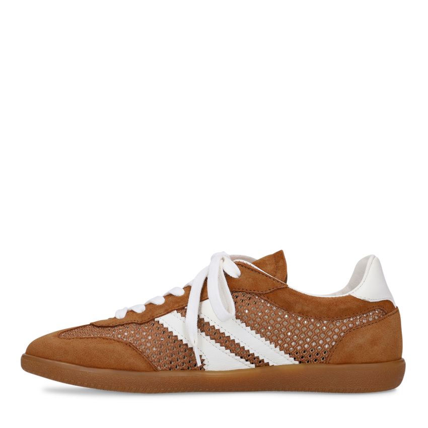 Cognac suède sneakers met mesh details