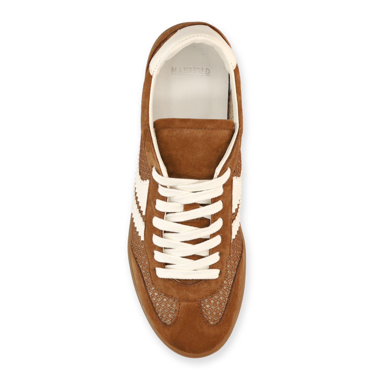 Cognac suède sneakers met mesh details