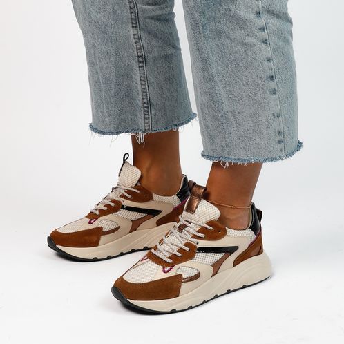 Cognac leren sneakers met mesh details