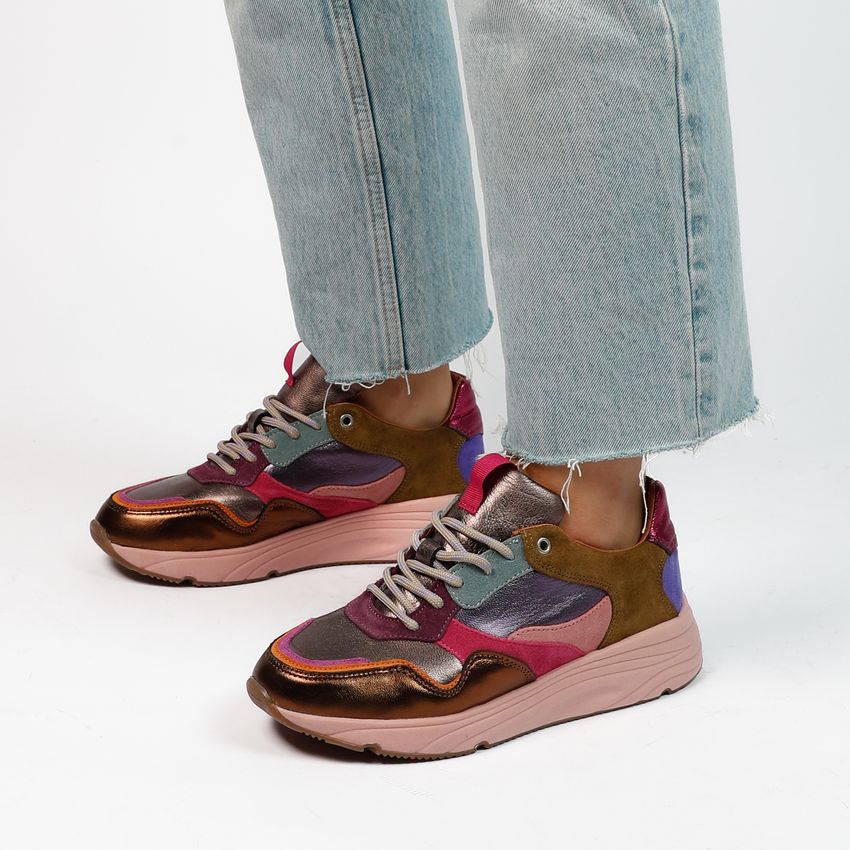 Roze leren sneakers met metallic details