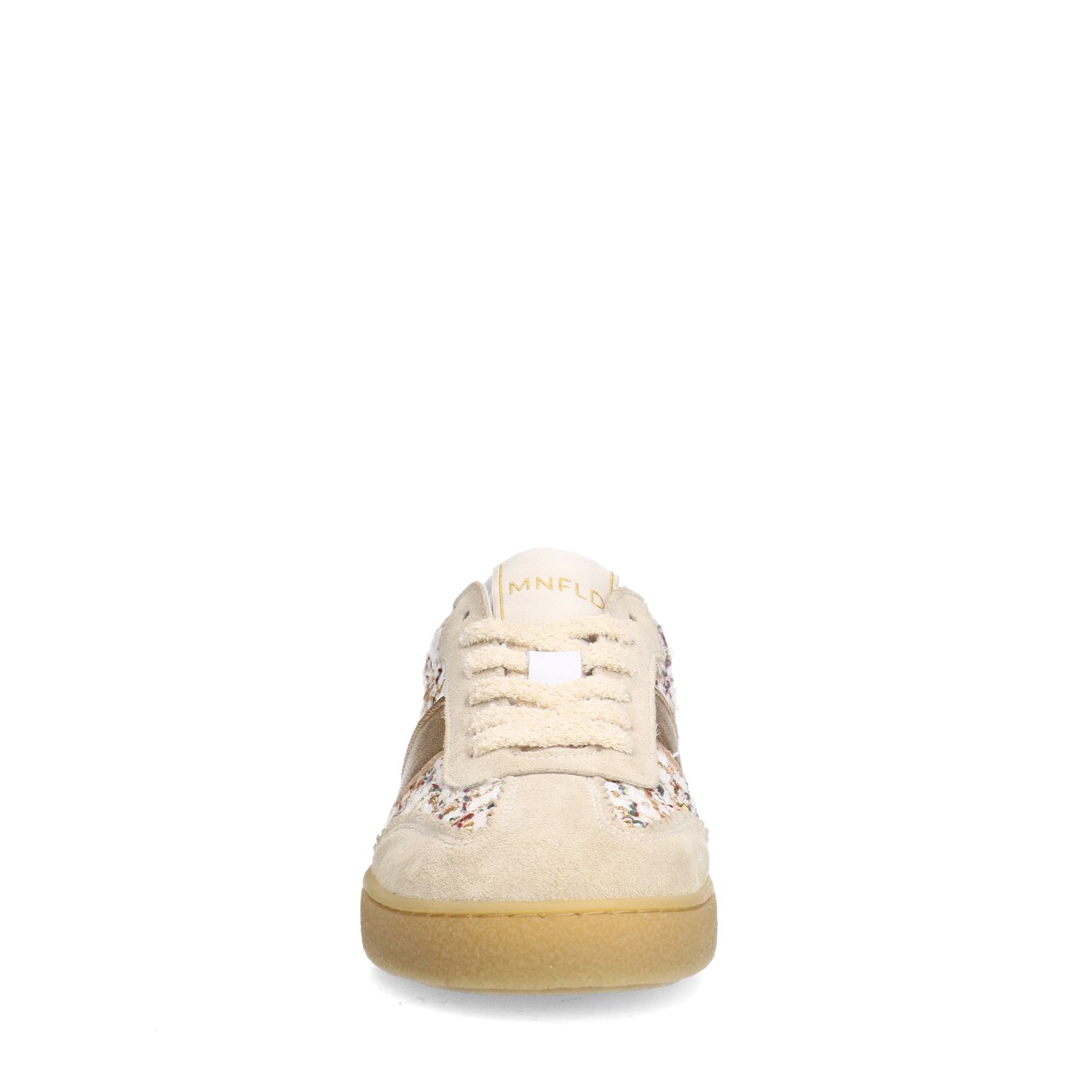 Beige bouclé sneakers met gouden details