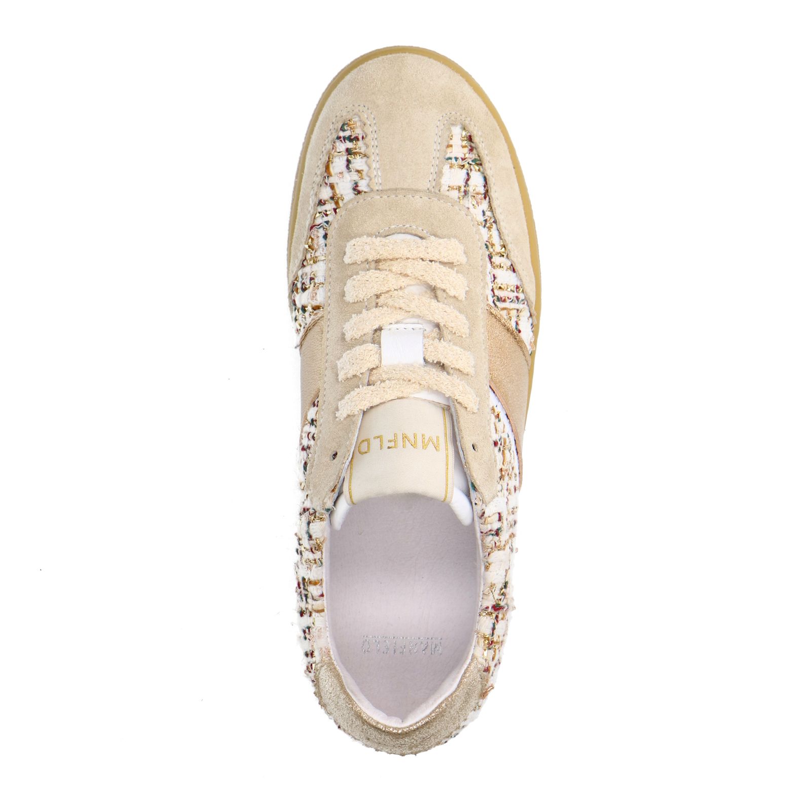 Beige bouclé sneakers met gouden details