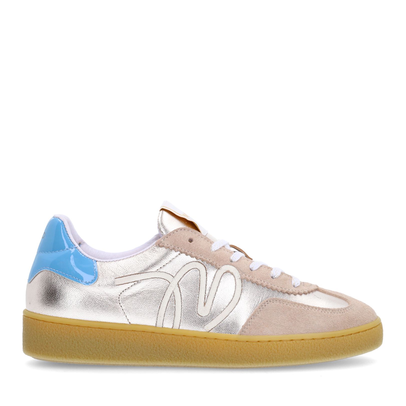 Beigefarbene Ledersneaker mit Details in Gold und Blau