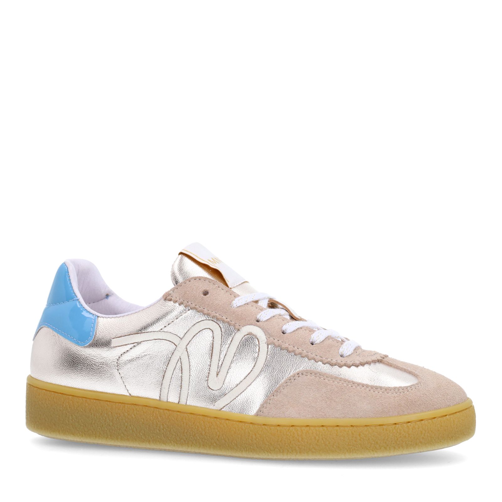 Beigefarbene Ledersneaker mit Details in Gold und Blau