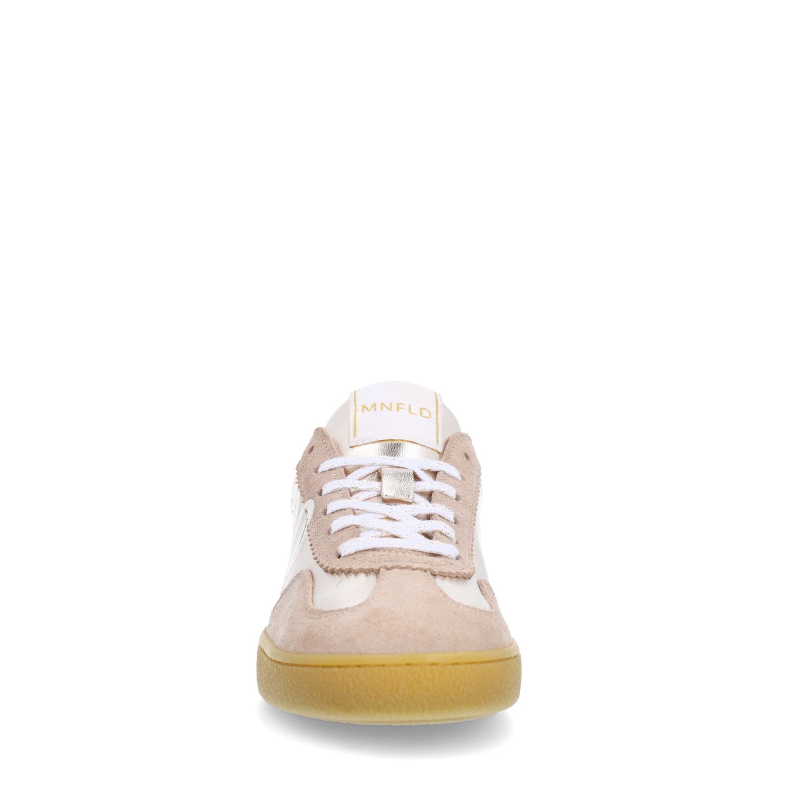Beigefarbene Ledersneaker mit Details in Gold und Blau