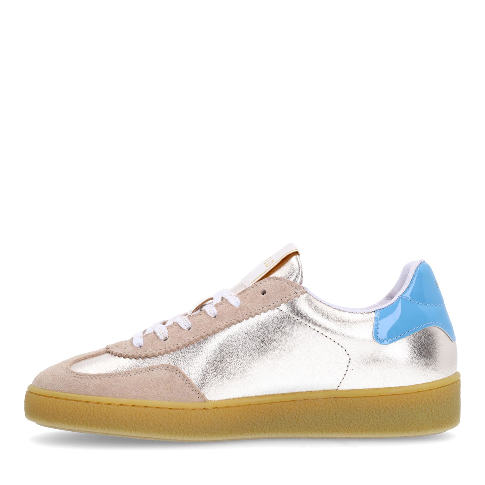 Beige leren sneakers met goudkleurige & blauwe details