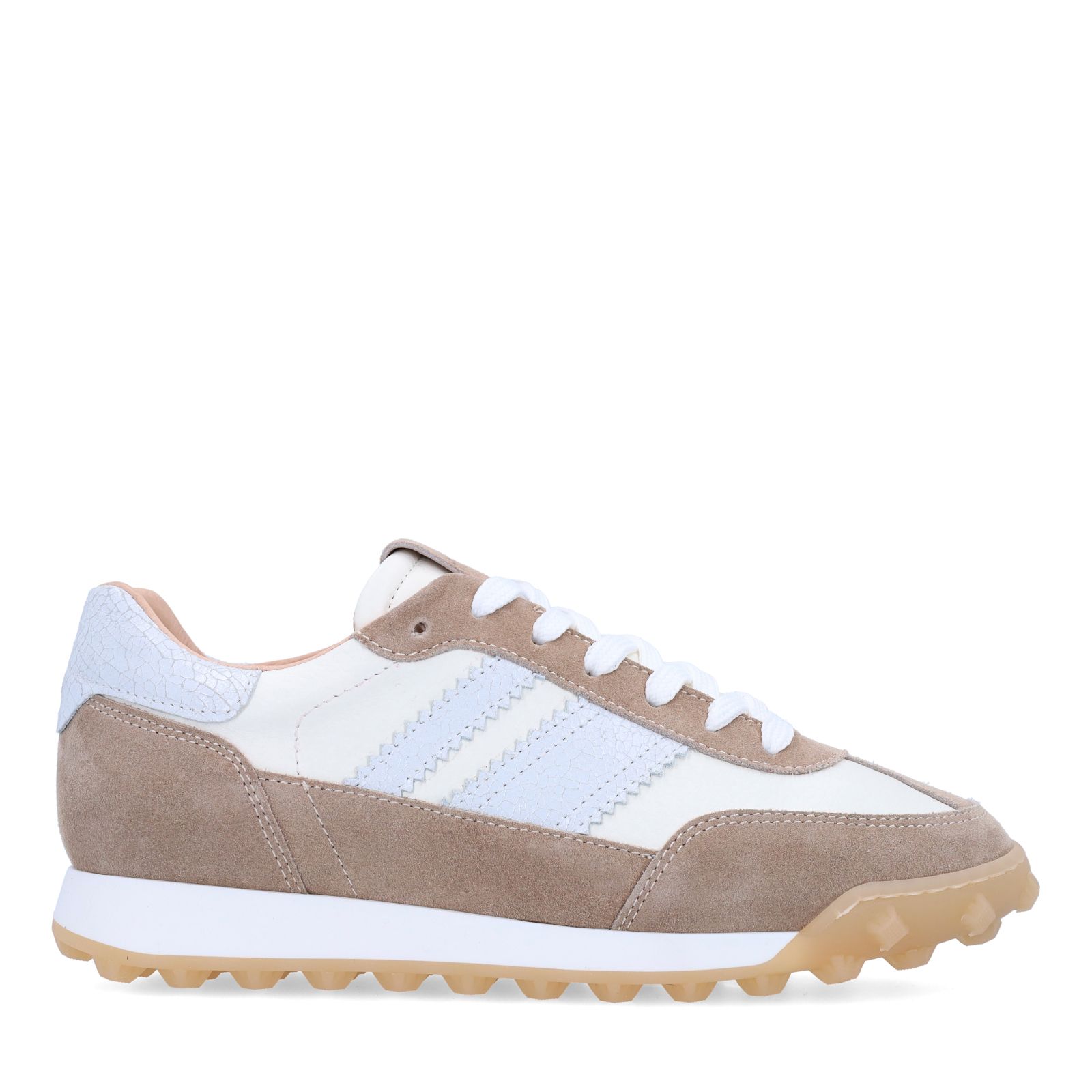 Weiße Ledersneaker mit beigefarbenen Veloursleder-Details