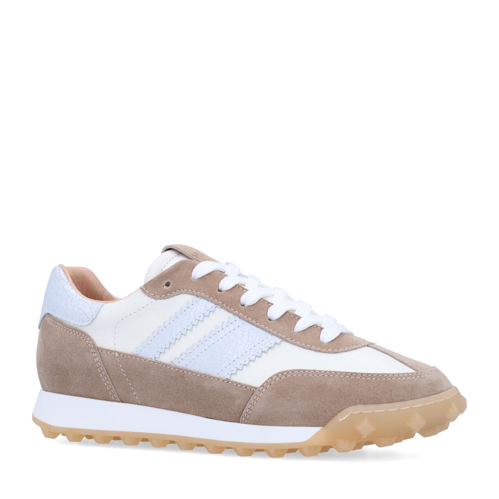 Weiße Ledersneaker mit beigefarbenen Veloursleder-Details
