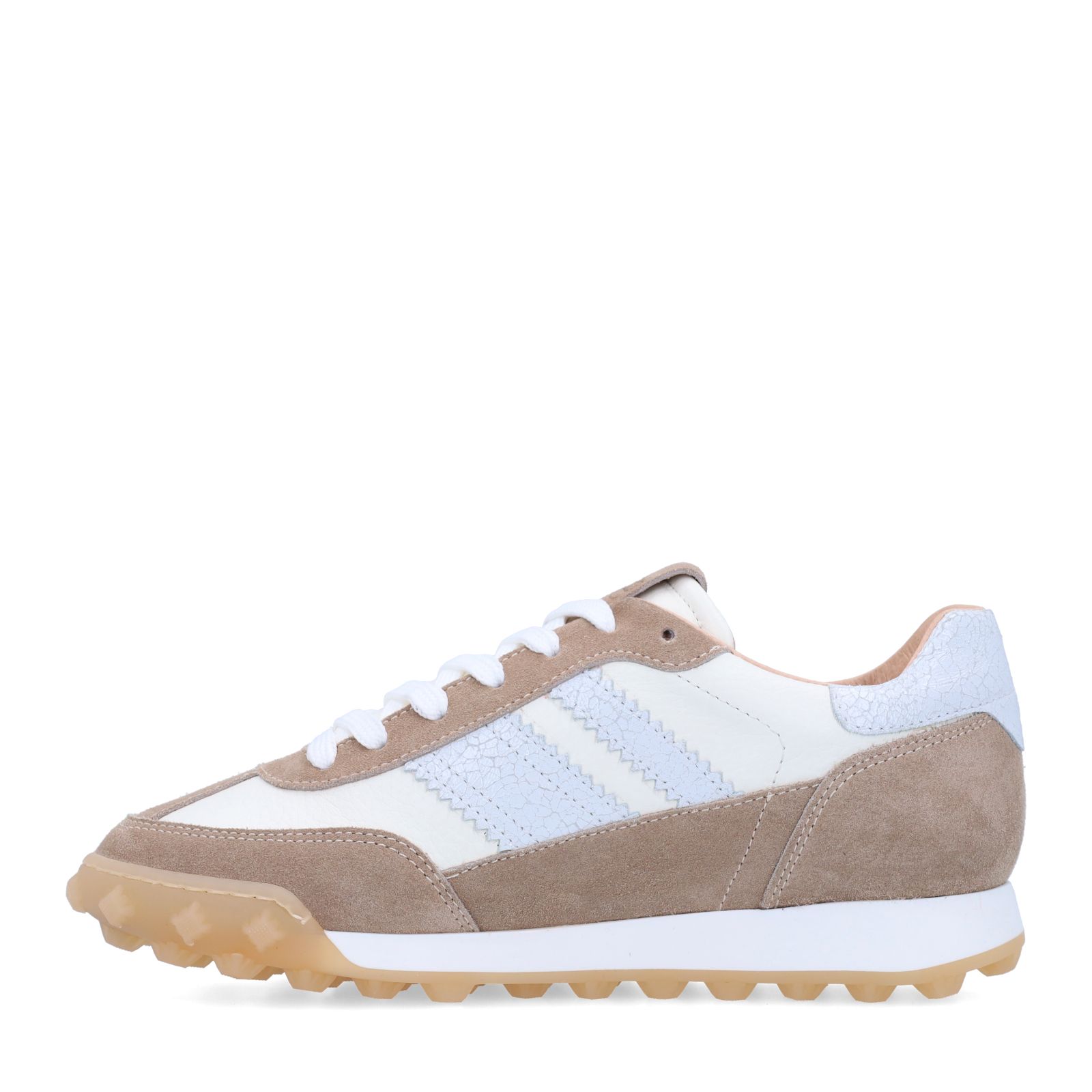 Weiße Ledersneaker mit beigefarbenen Veloursleder-Details