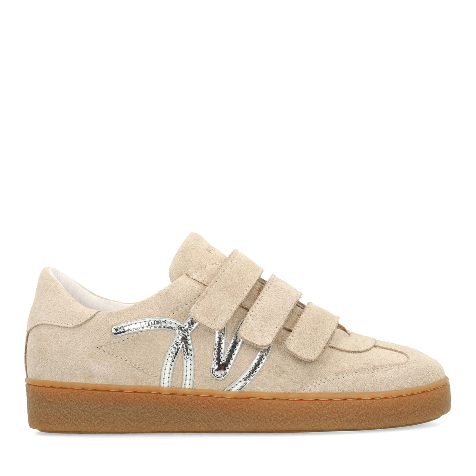 Beigefarbene Veloursleder-Sneaker mit Klettverschluss