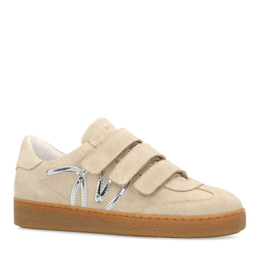 Beige suède sneakers met klittenband