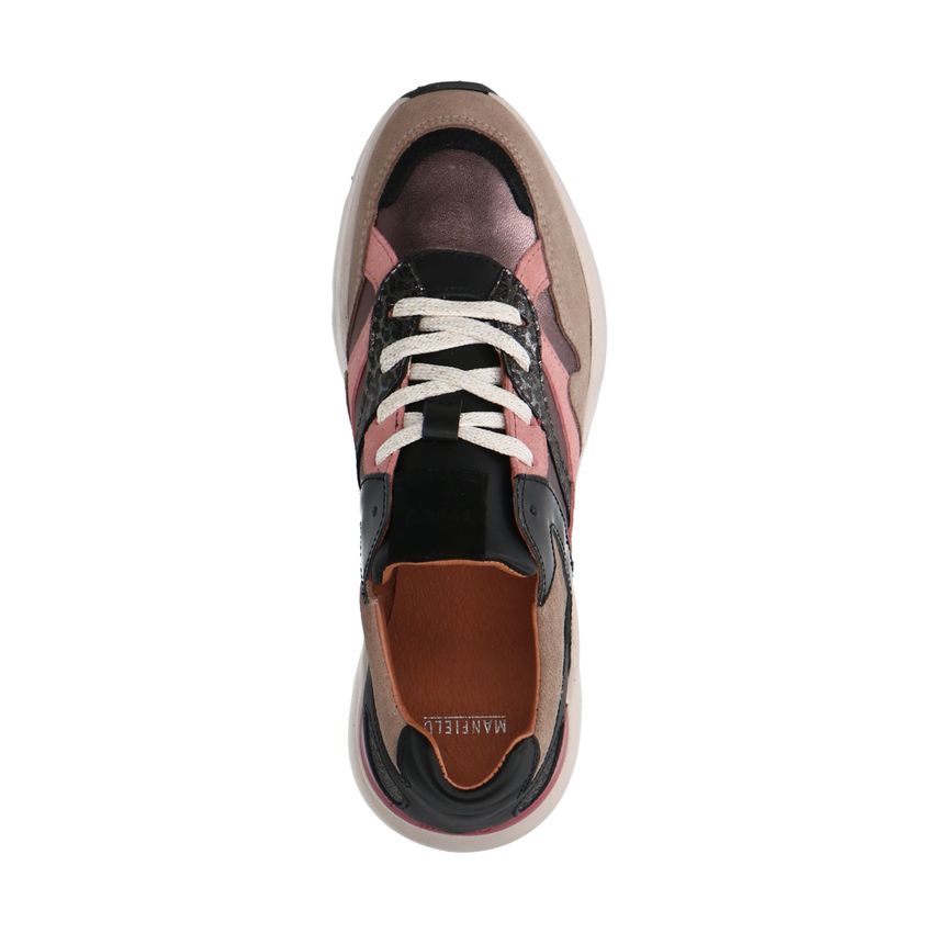 Beige leren sneakers met roze details en print