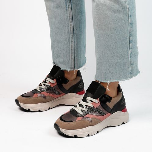 Beige leren sneakers met roze details en print