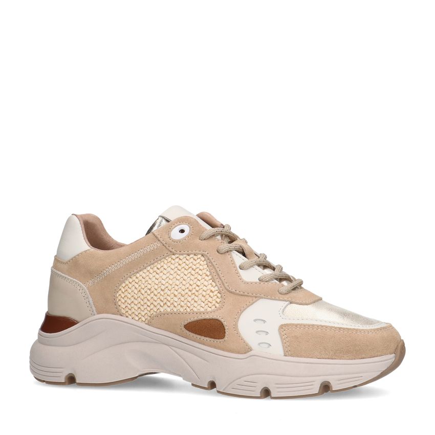 Beige leren sneakers met geweven detail