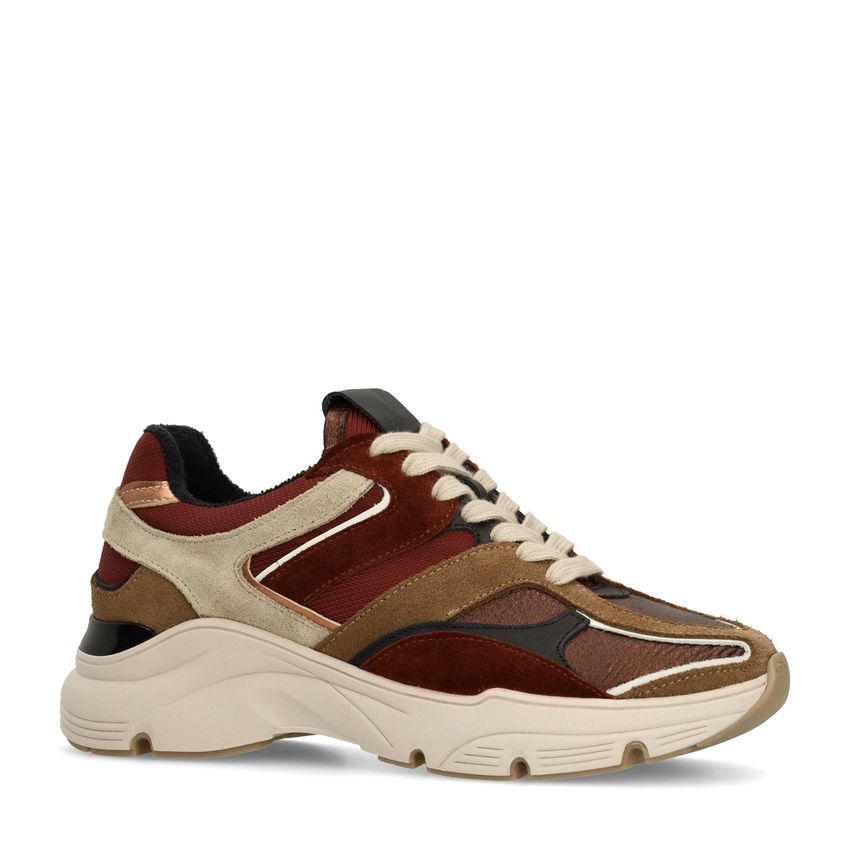 Beigefarbene Ledersneaker mit farbigen Details