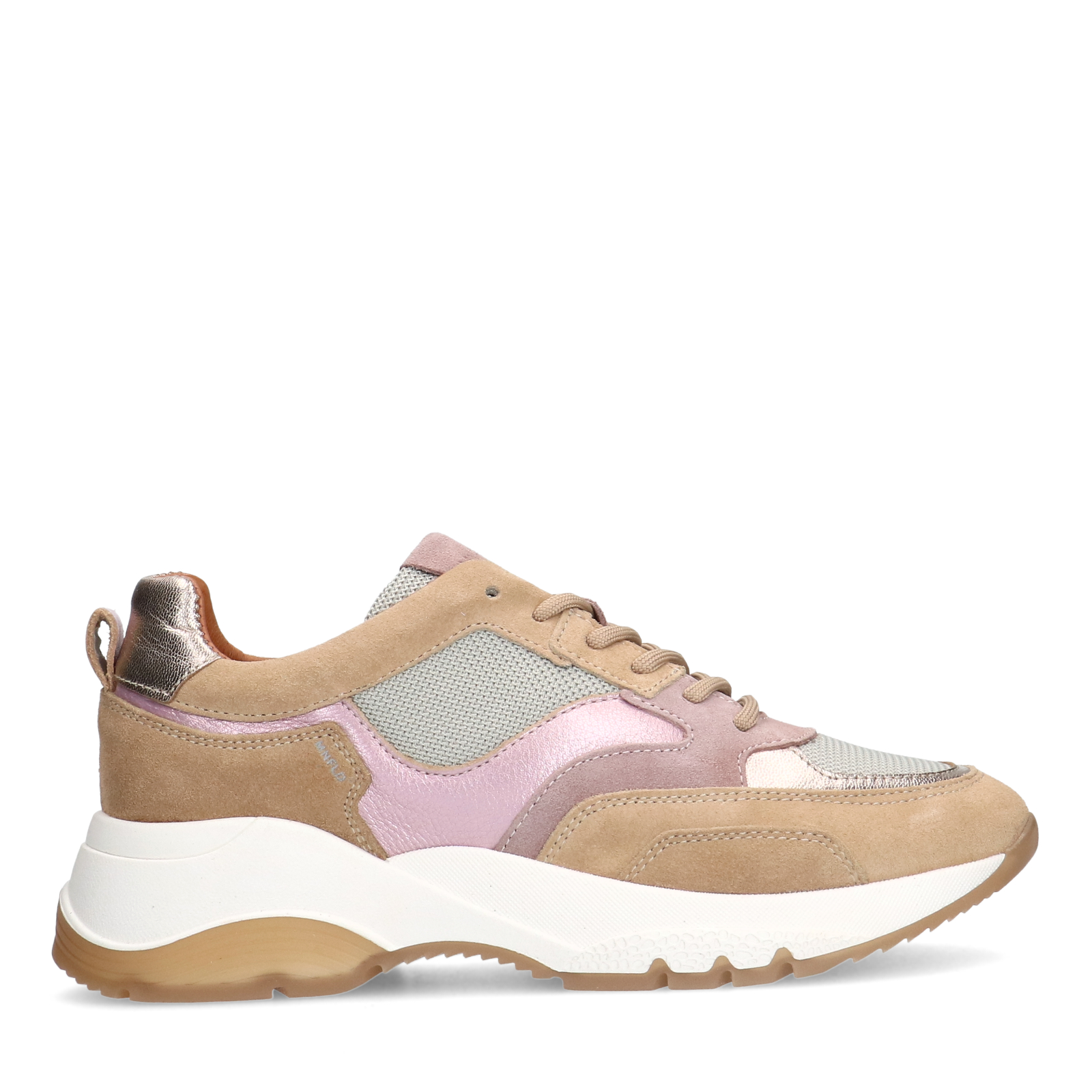Beigefarbene Veloursleder-Sneaker mit Mesh-und Metallic-Details 
