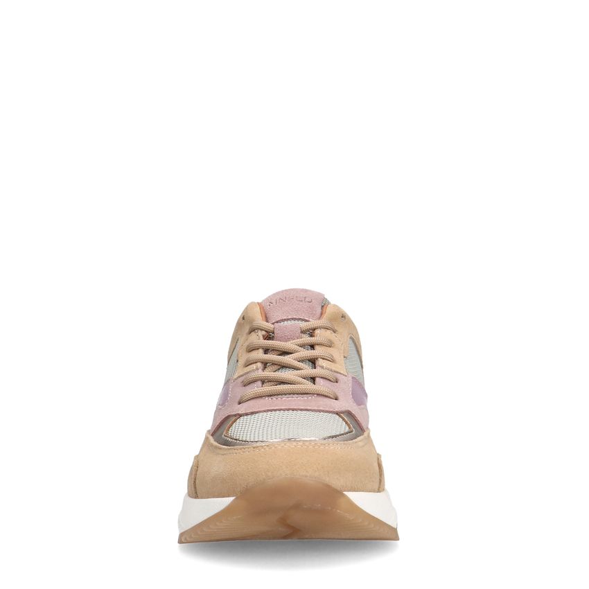 Beige suède sneakers met mesh en metallic details