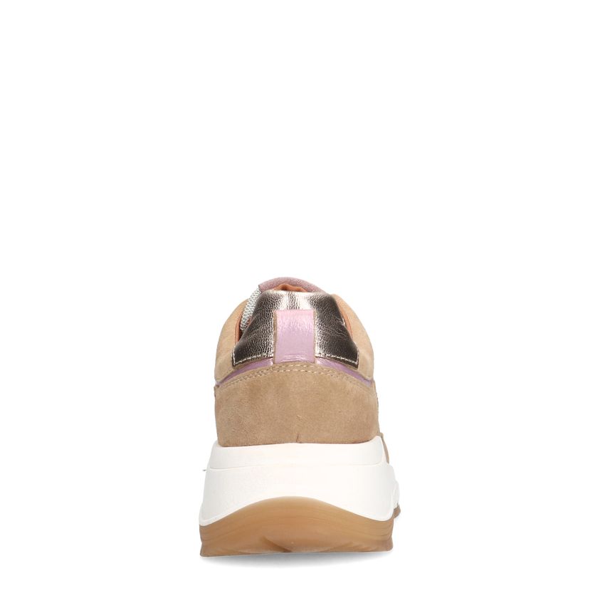 Beige suède sneakers met mesh en metallic details