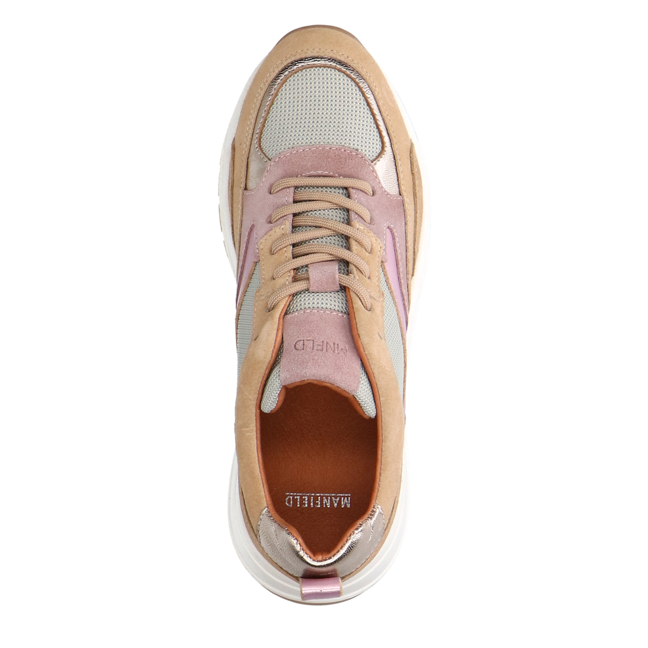 Beigefarbene Veloursleder-Sneaker mit Mesh-und Metallic-Details  
