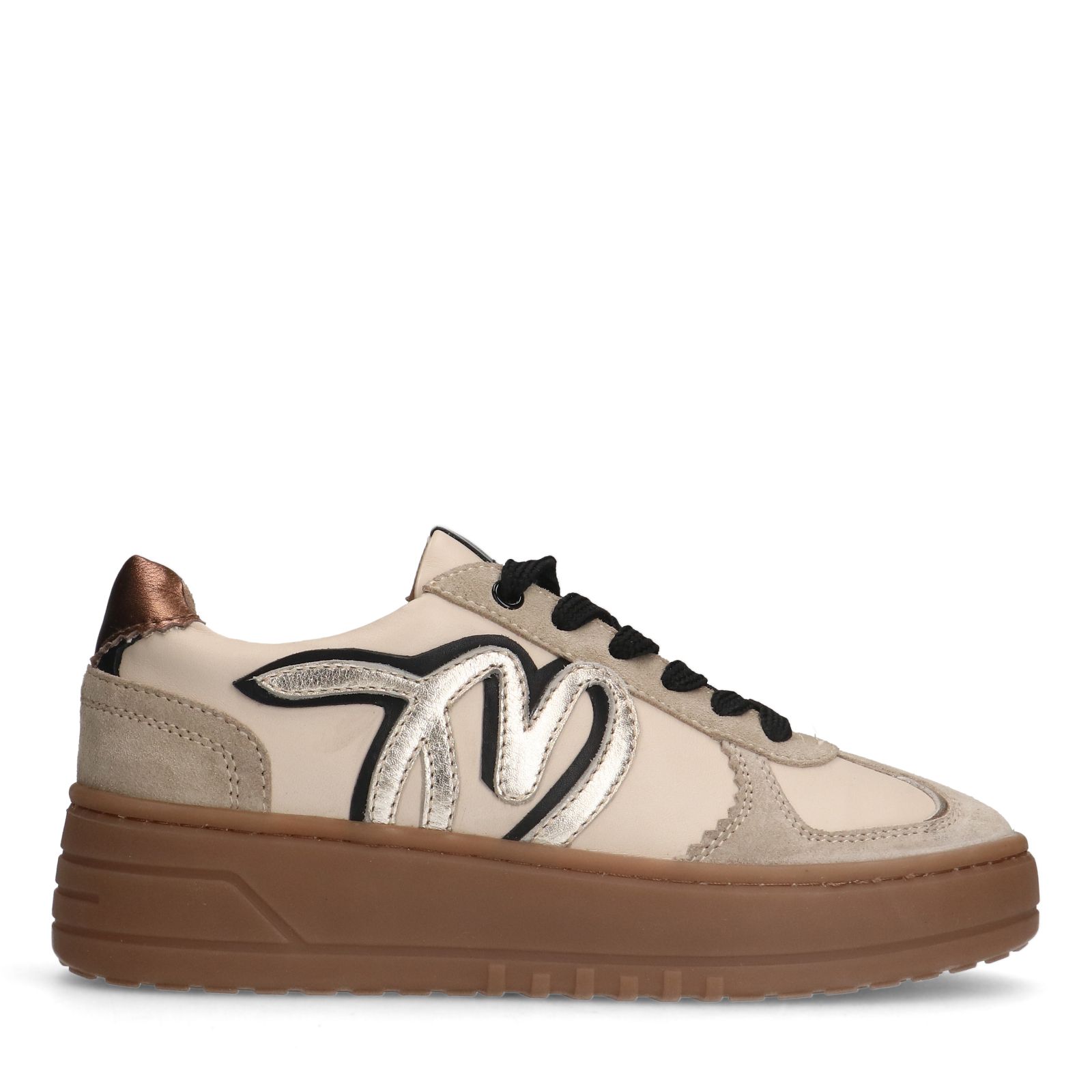 Beigefarbene Ledersneaker mit goldfarbenen Details