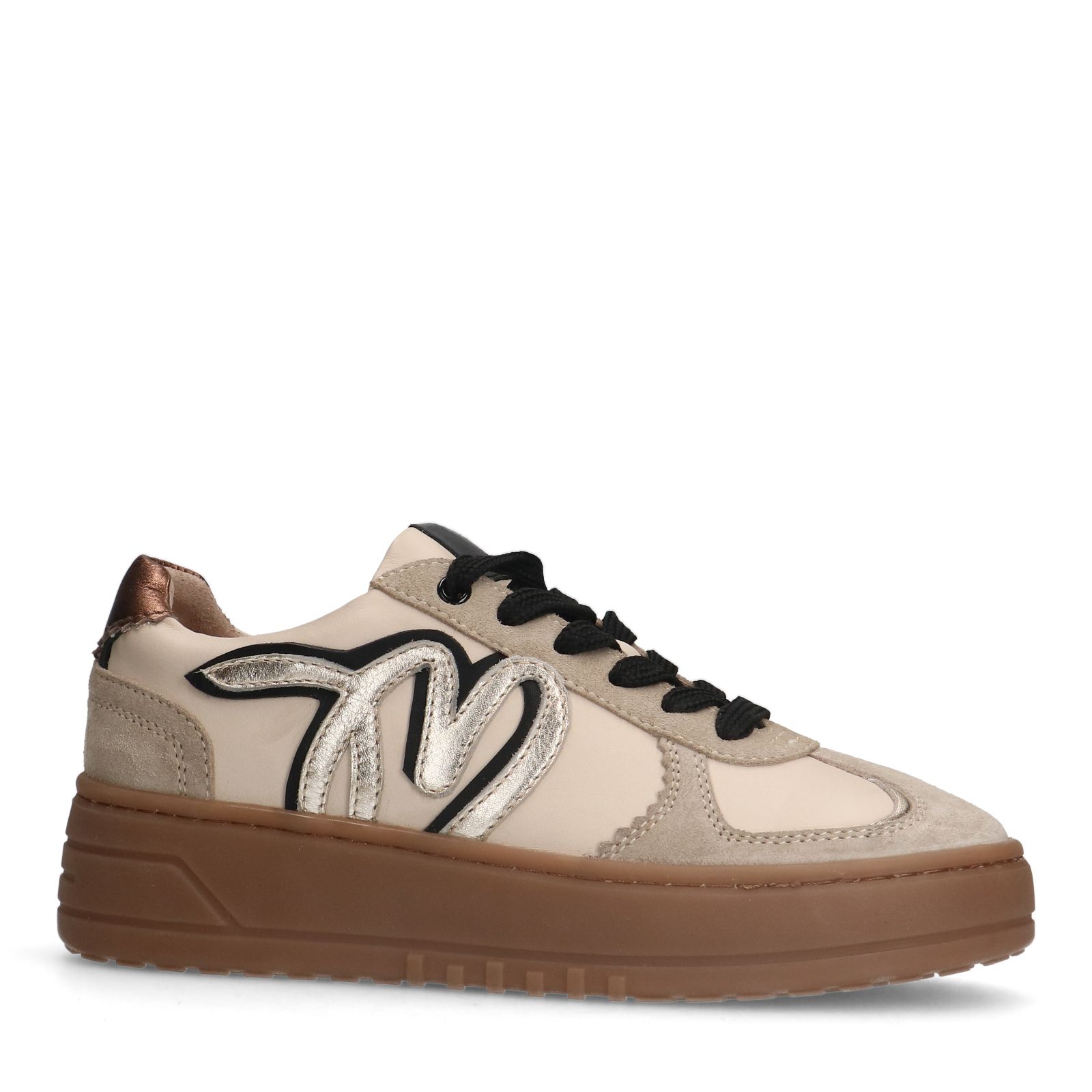 Beigefarbene Ledersneaker mit goldfarbenen Details