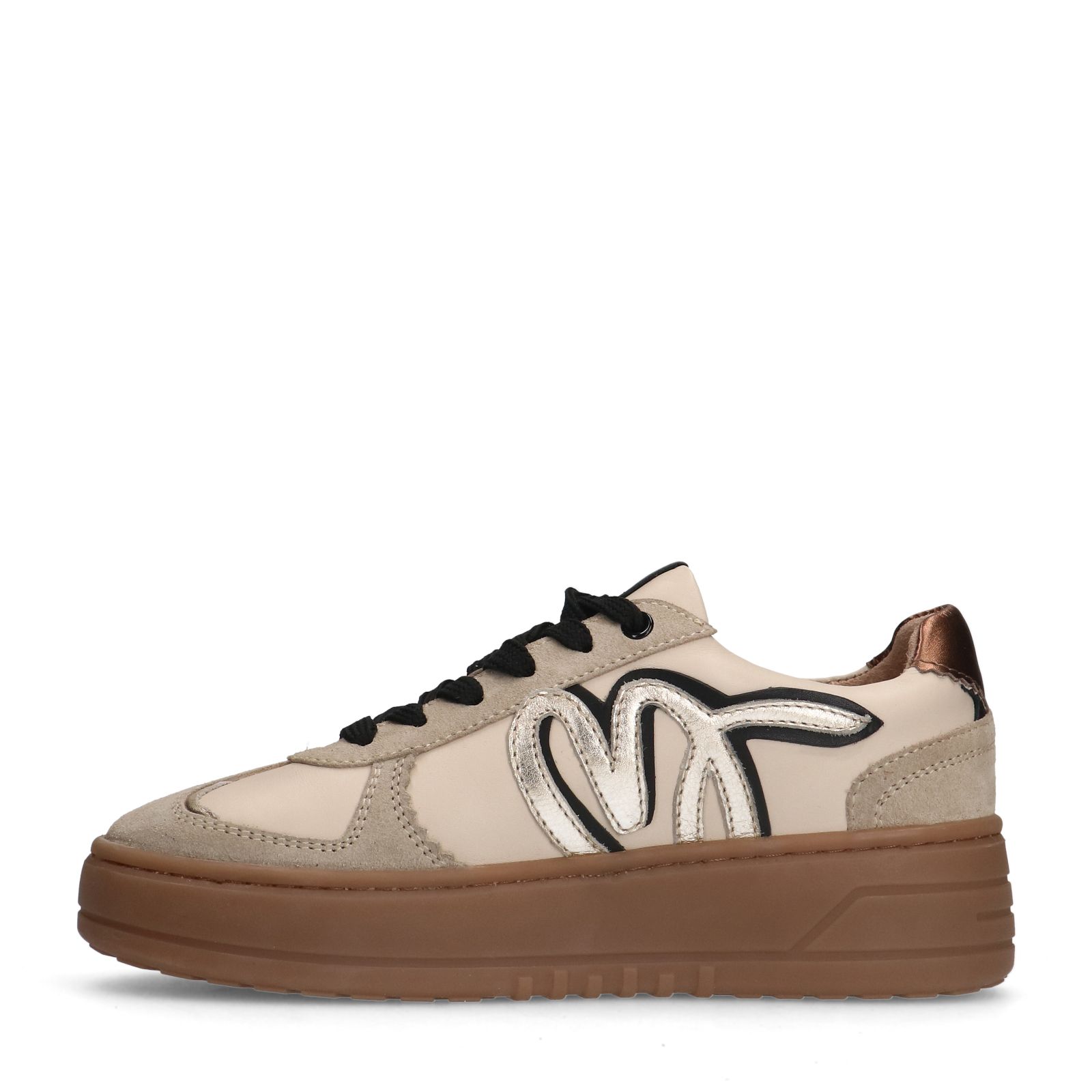 Beigefarbene Ledersneaker mit goldfarbenen Details