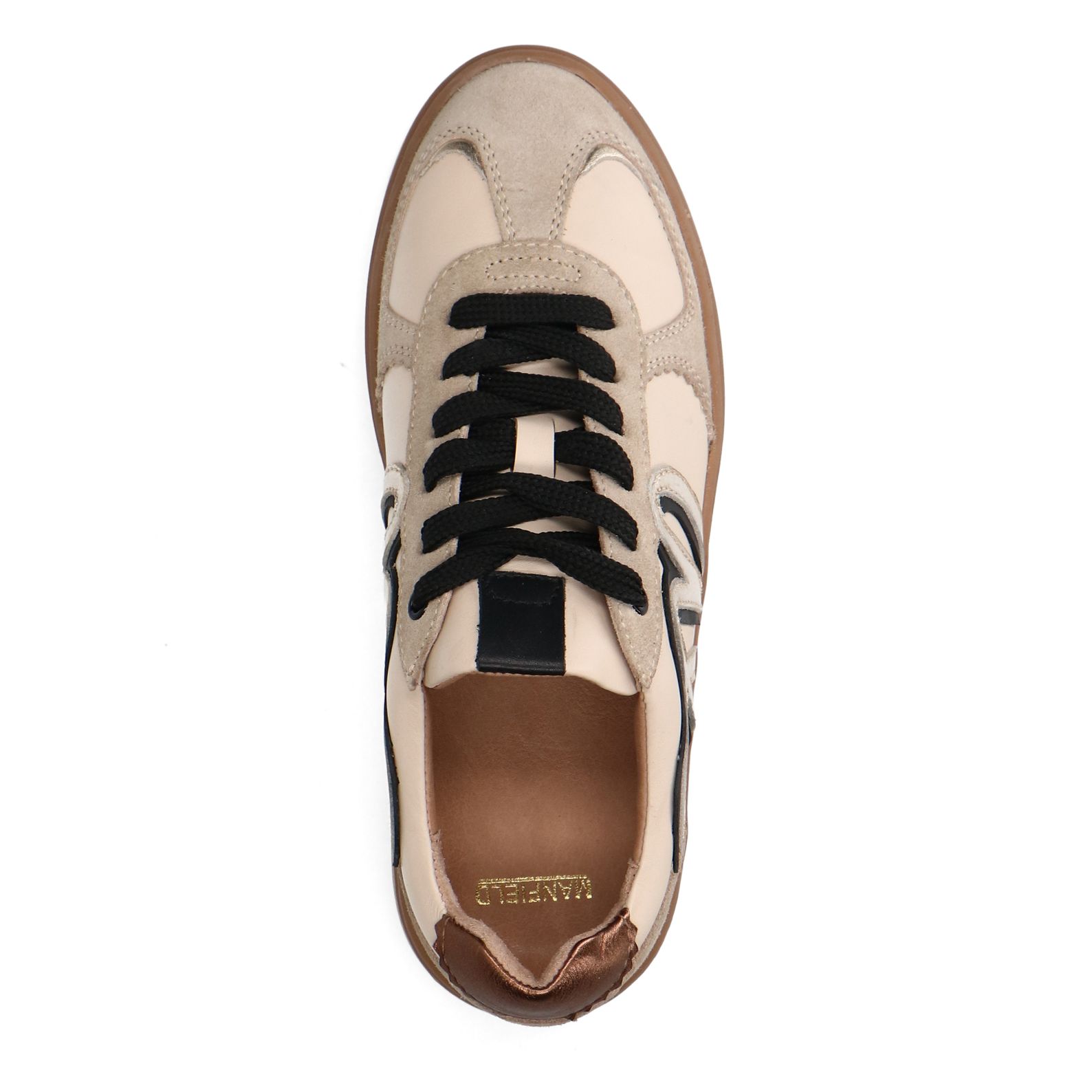 Beigefarbene Ledersneaker mit goldfarbenen Details