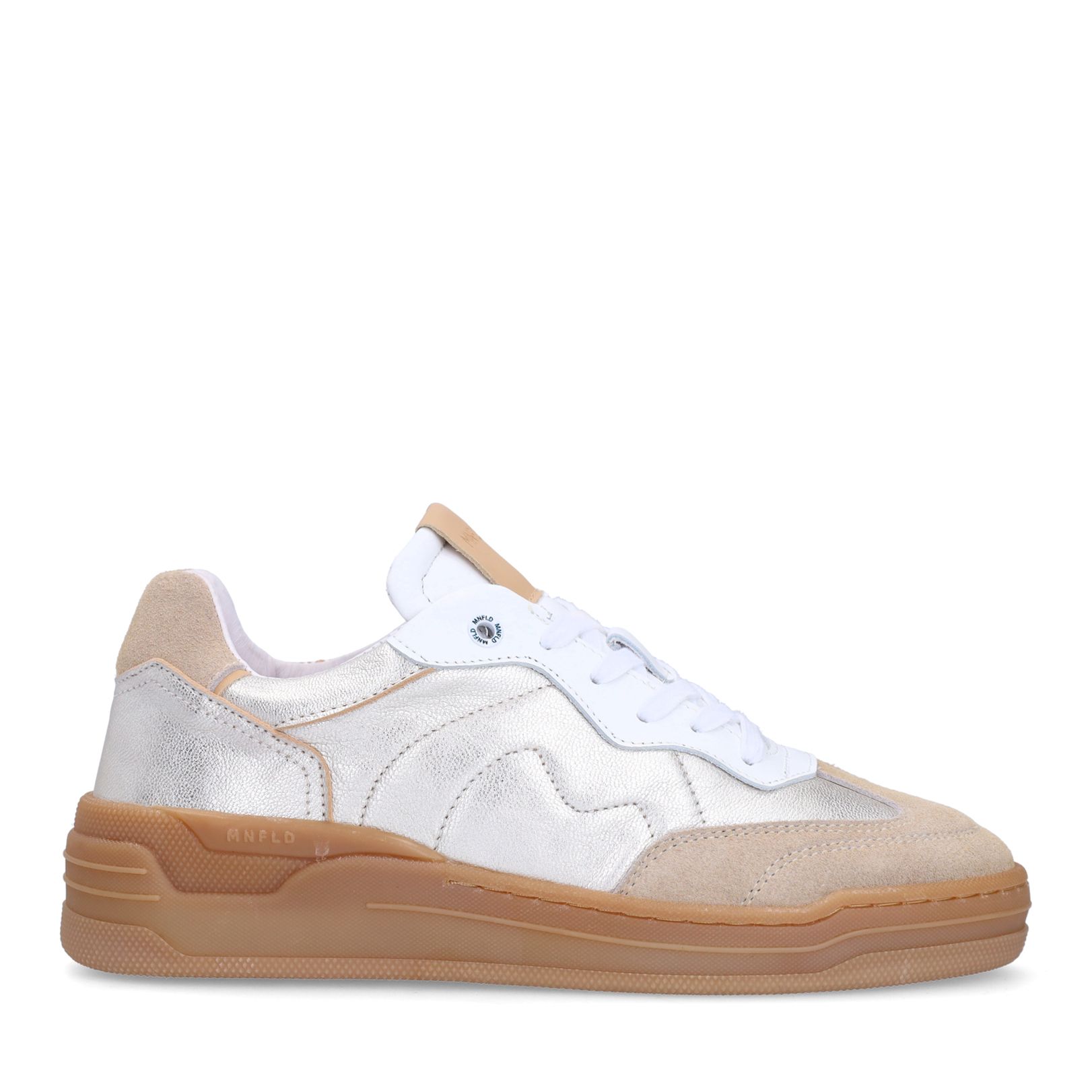 Silberfarbene Ledersneaker mit beigefarbenen Veloursleder-Details