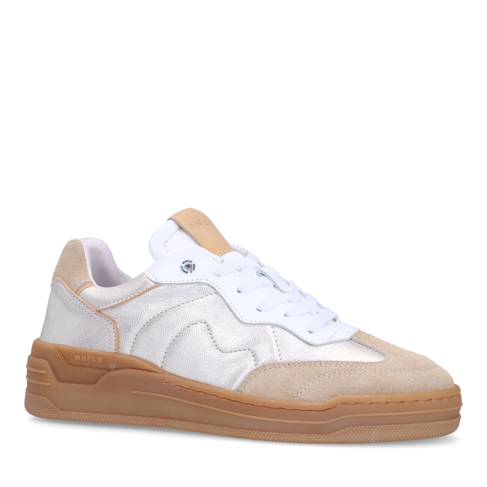Zilveren leren sneakers met beige suède details