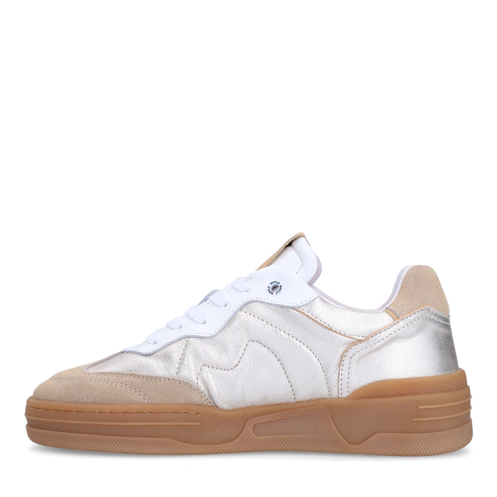 Silberfarbene Ledersneaker mit beigefarbenen Veloursleder-Details
