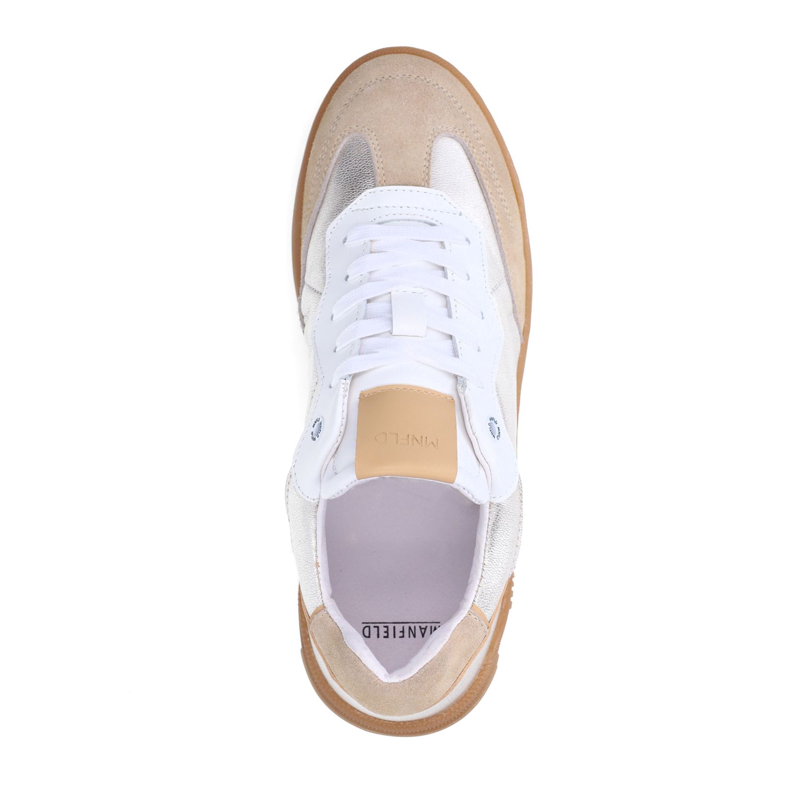 Zilveren leren sneakers met beige suède details