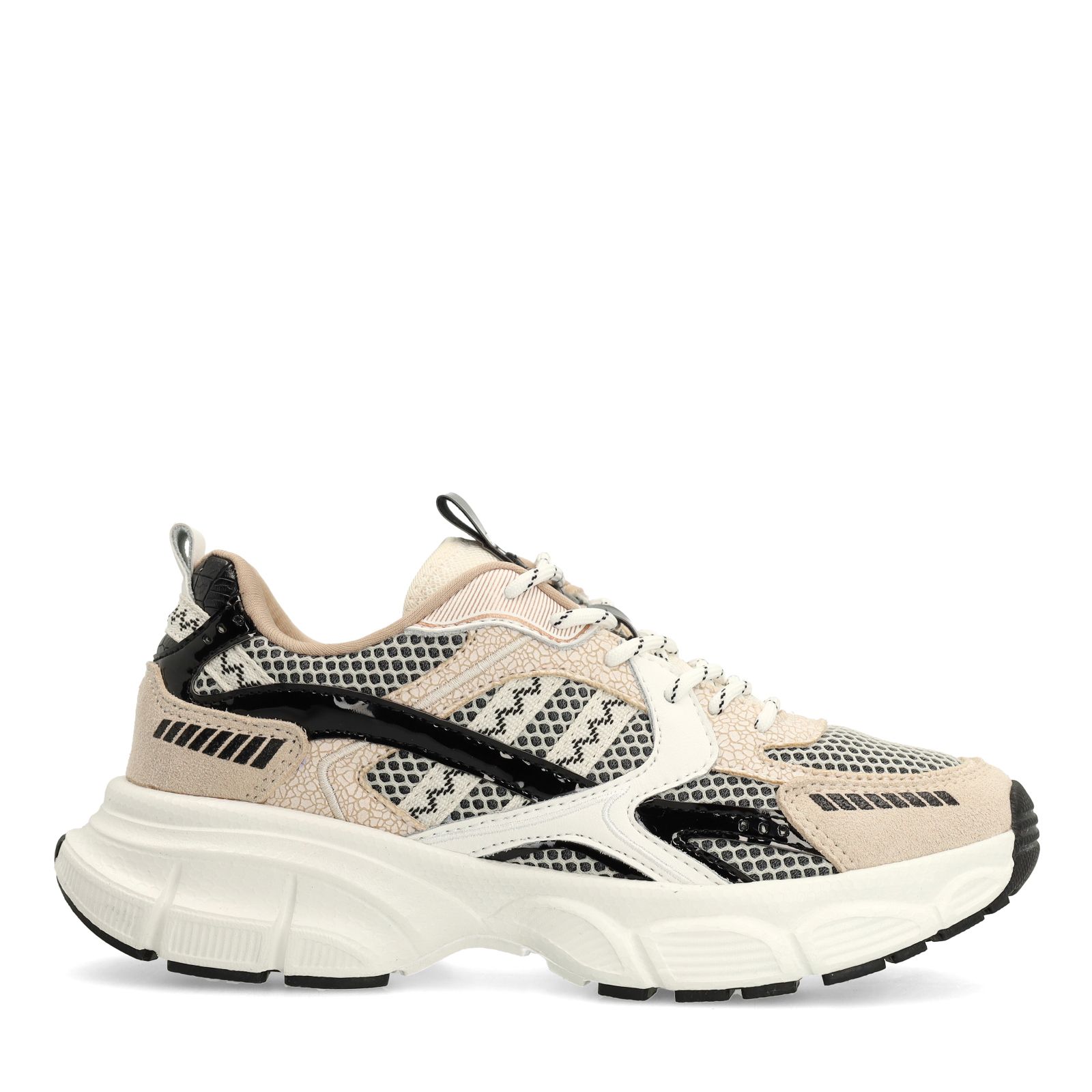 Beige sneakers met zwarte en witte mesh details