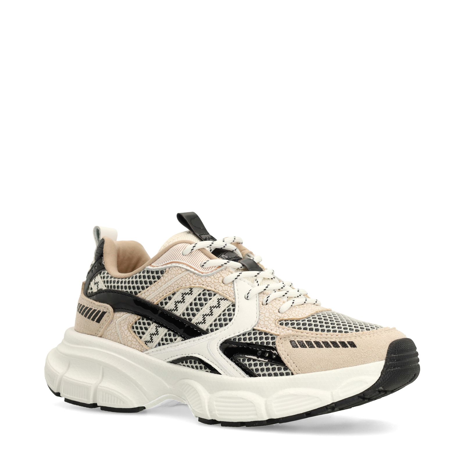Beige sneakers met zwarte en witte mesh details
