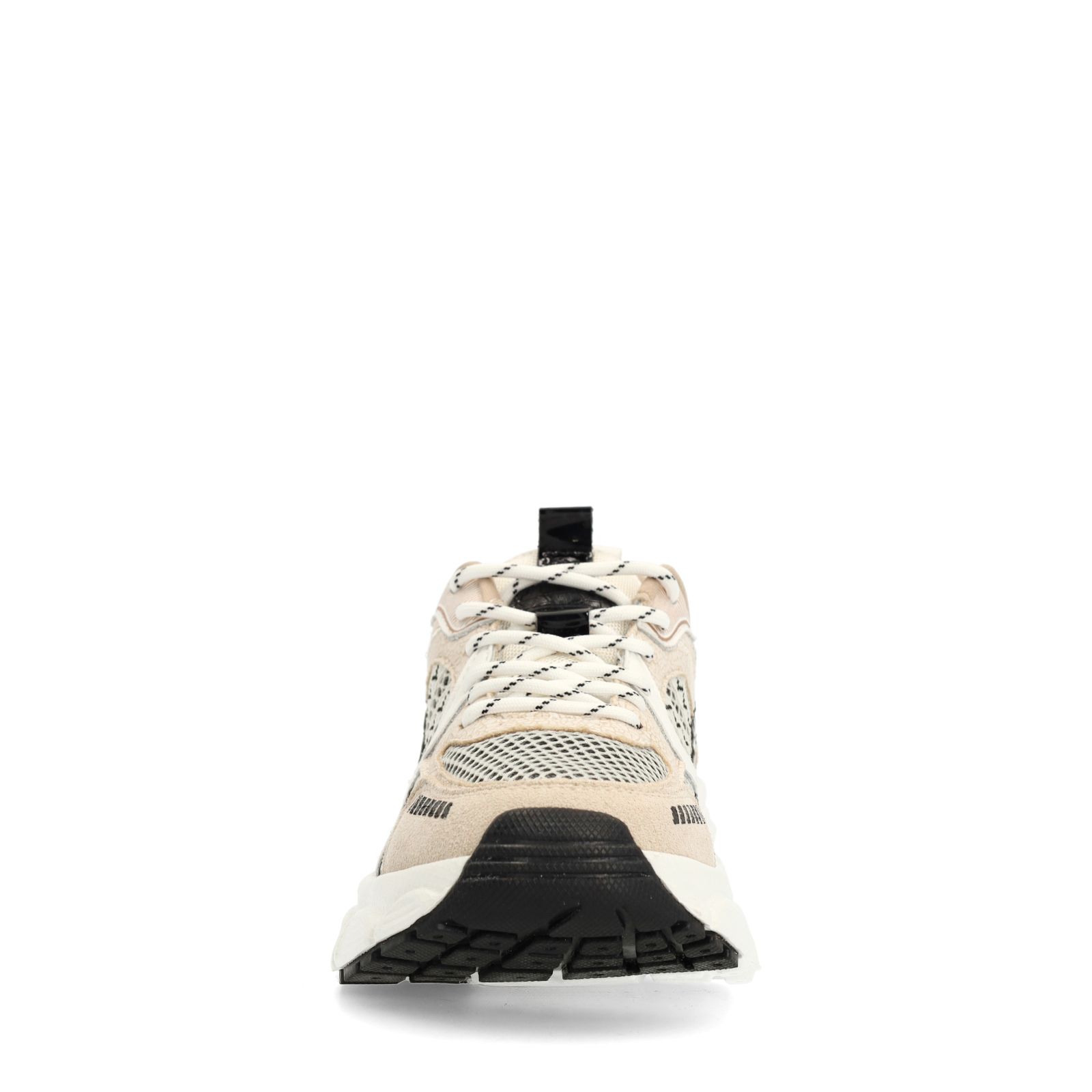 Beige sneakers met zwarte en witte mesh details