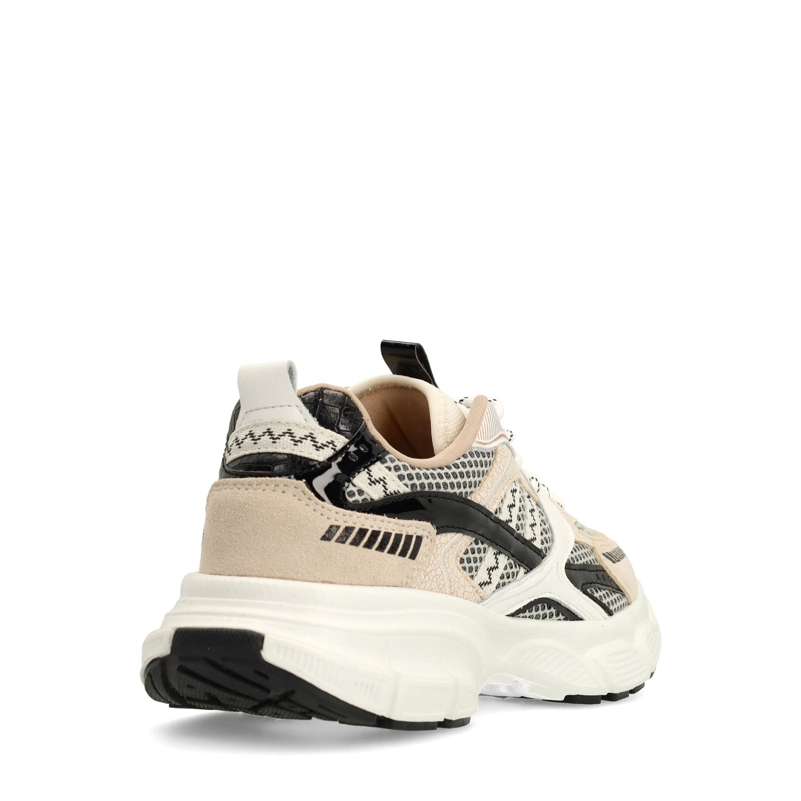 Beige sneakers met zwarte en witte mesh details