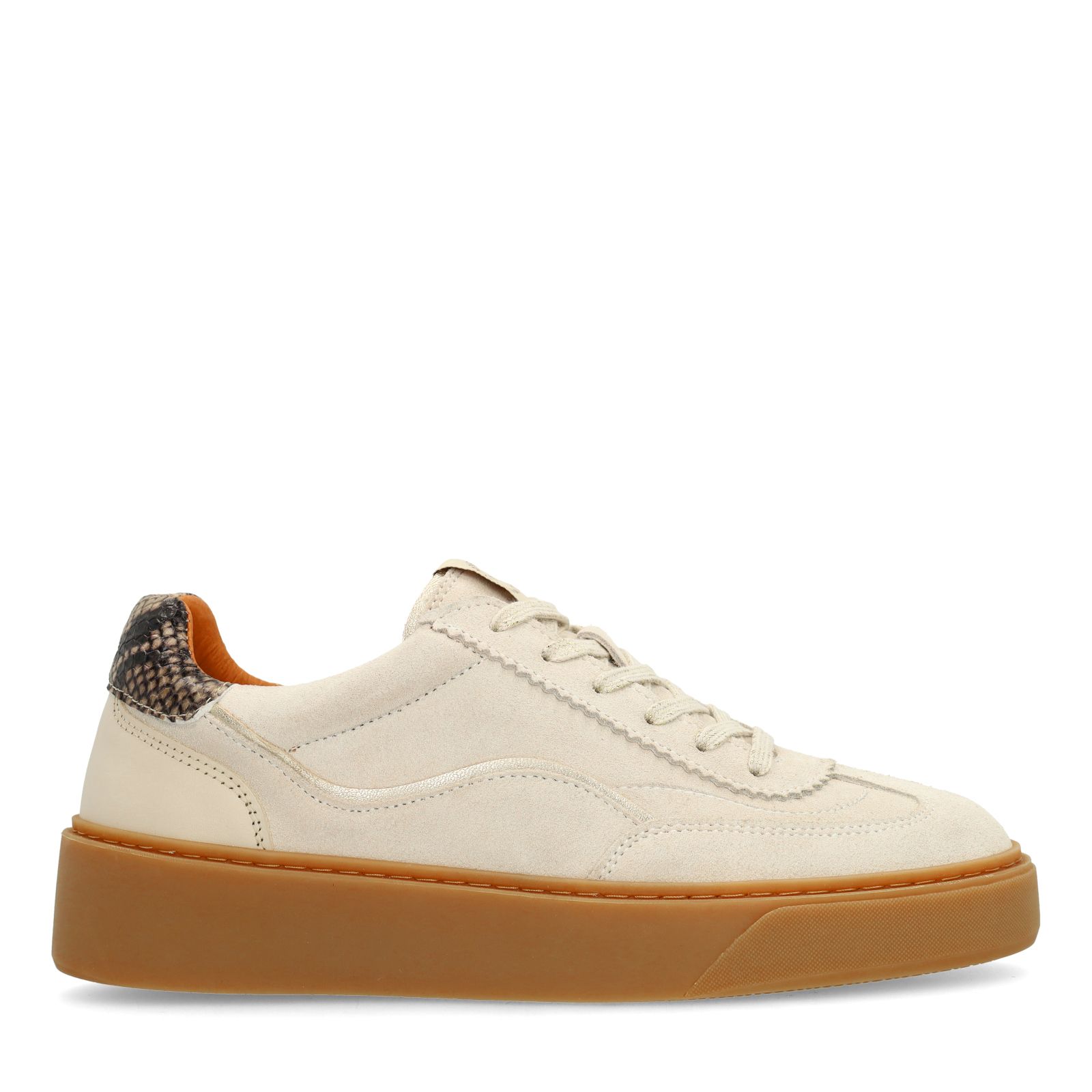 Beigefarbene Veloursleder-Sneaker mit Schlangenmuster-Detail