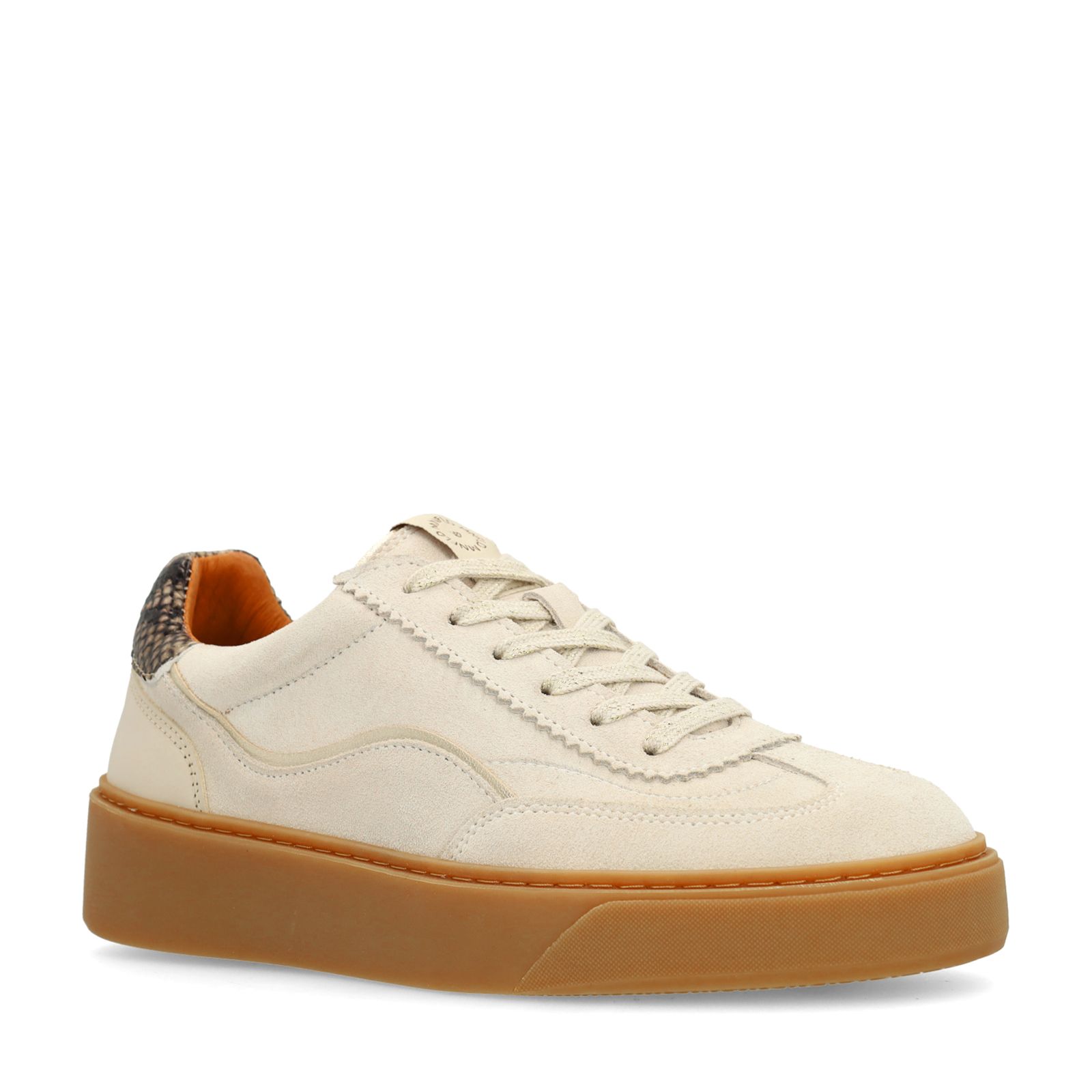 Beigefarbene Veloursleder-Sneaker mit Schlangenmuster-Detail