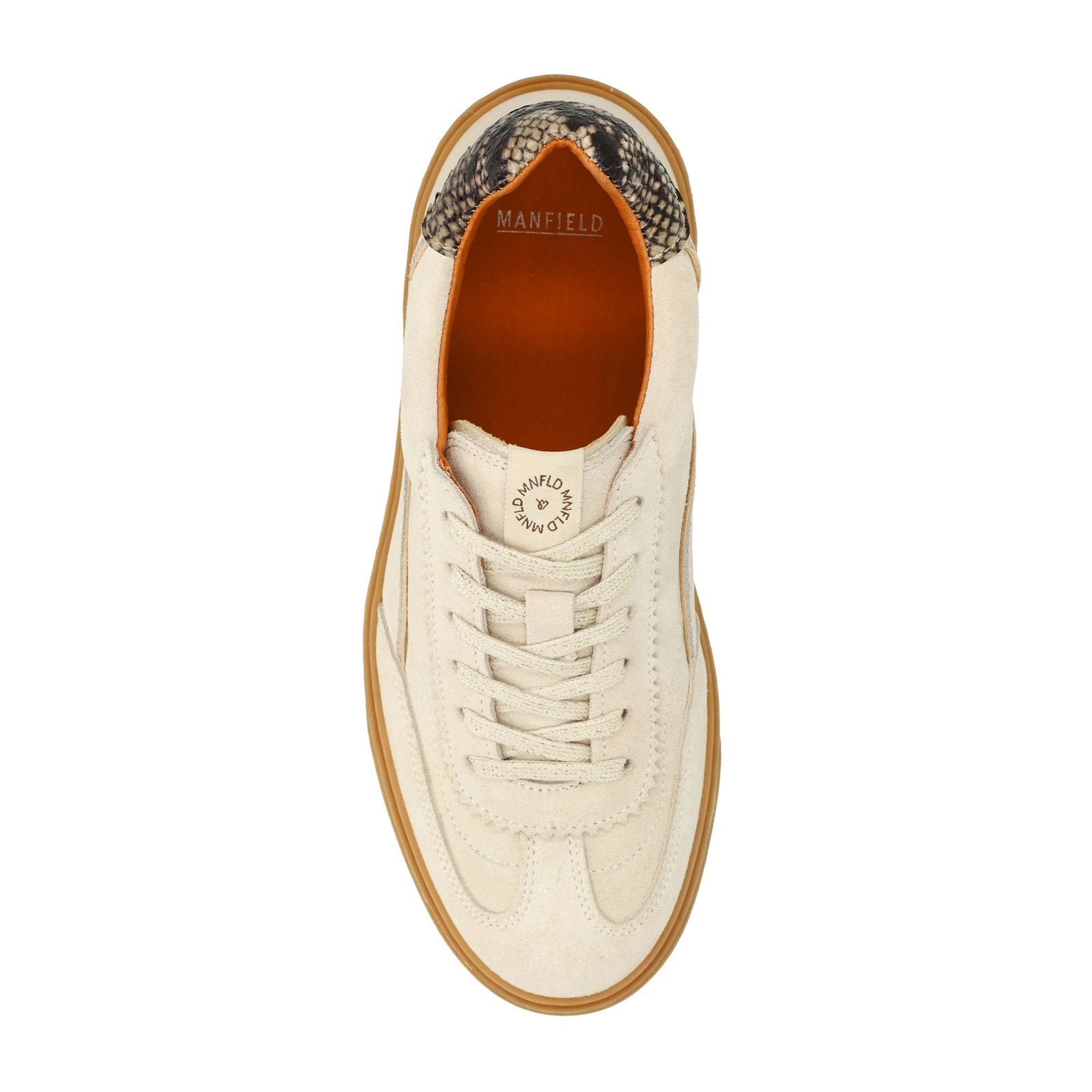 Beigefarbene Veloursleder-Sneaker mit Schlangenmuster-Detail