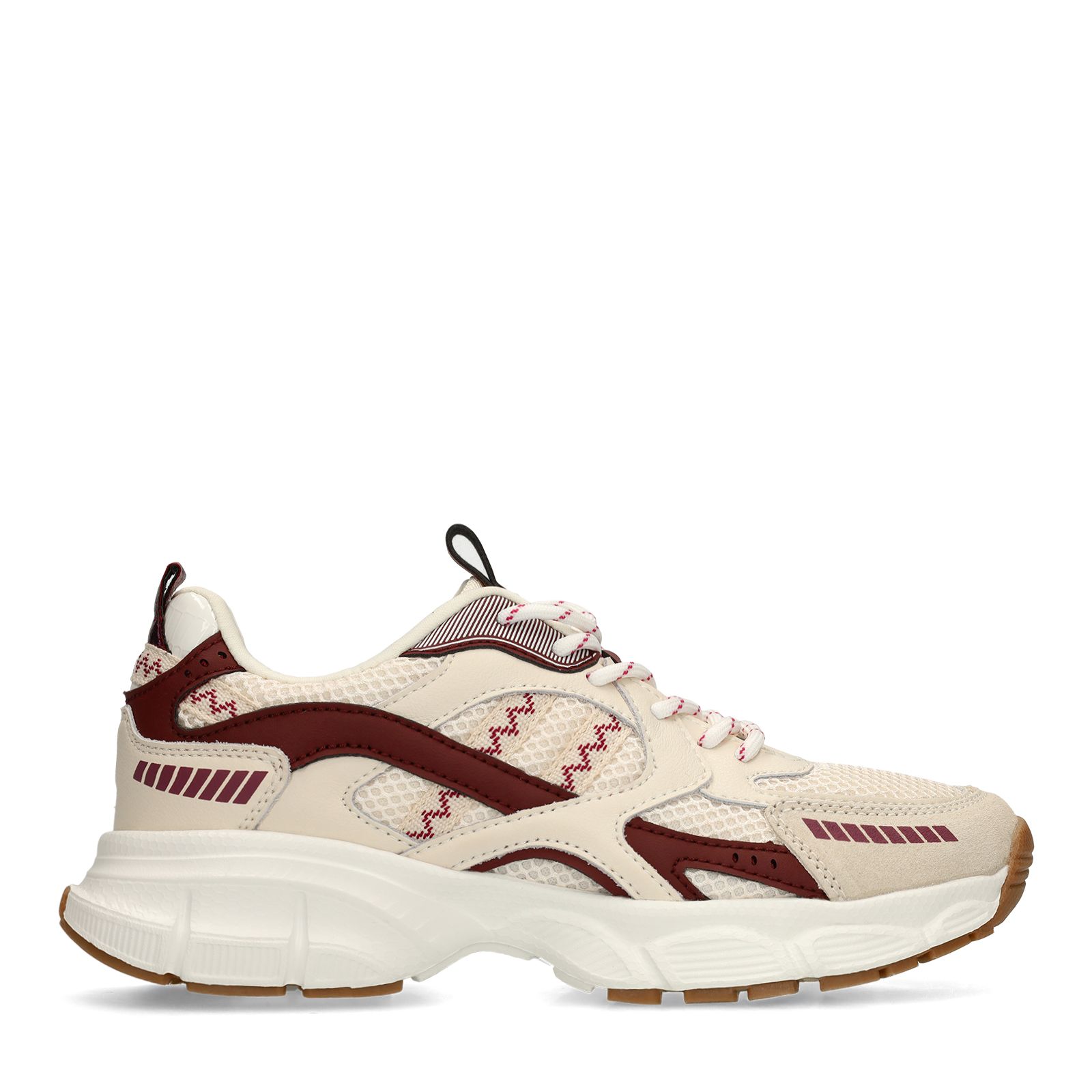 Beigefarbene Mesh-Sneaker mit bordeauxroten Details