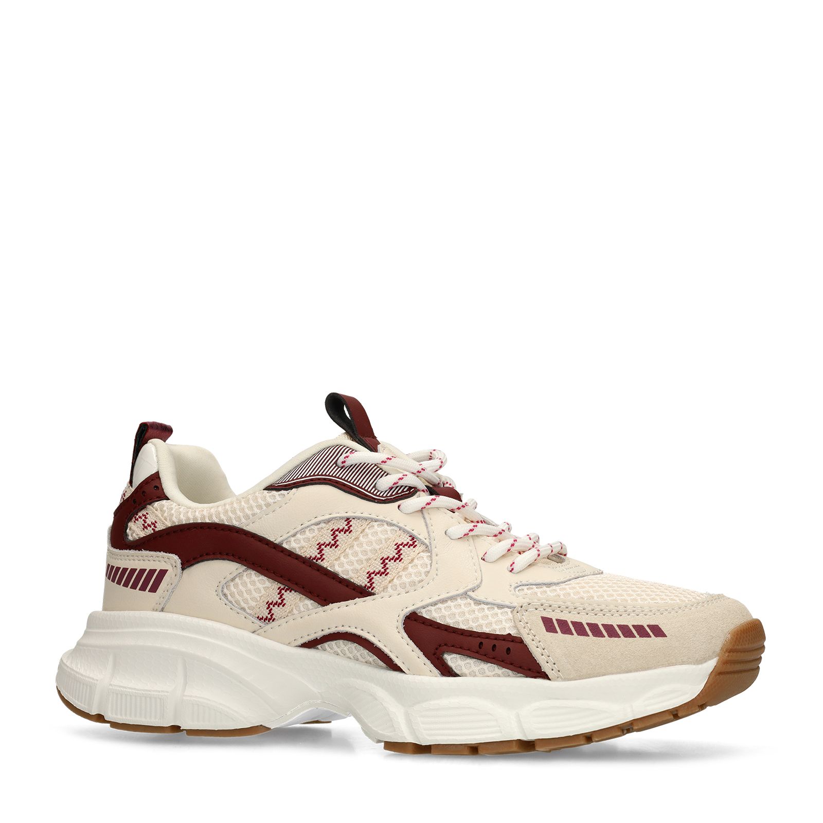 Beigefarbene Mesh-Sneaker mit bordeauxroten Details