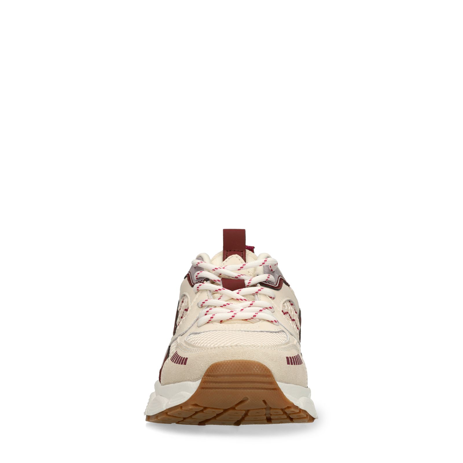 Beigefarbene Mesh-Sneaker mit bordeauxroten Details